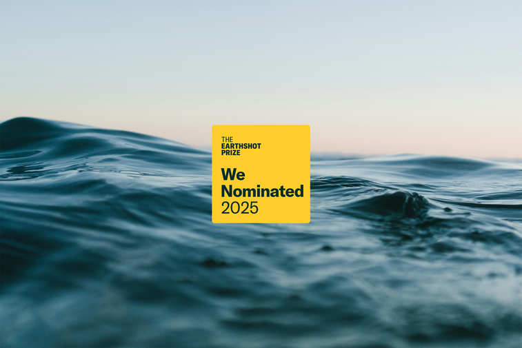 Image shows water in background with a badge overlayed reading The Earthshot Prize We Nominated 2025