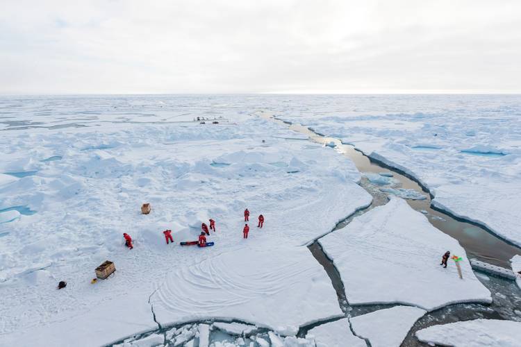 A wide shot of a group of scientists working on the sea ice