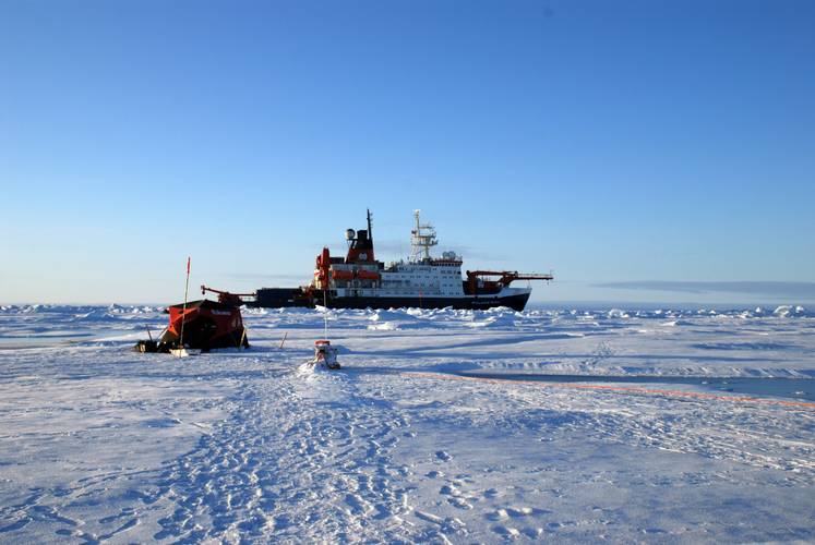 An icebreaker ship on sea ice