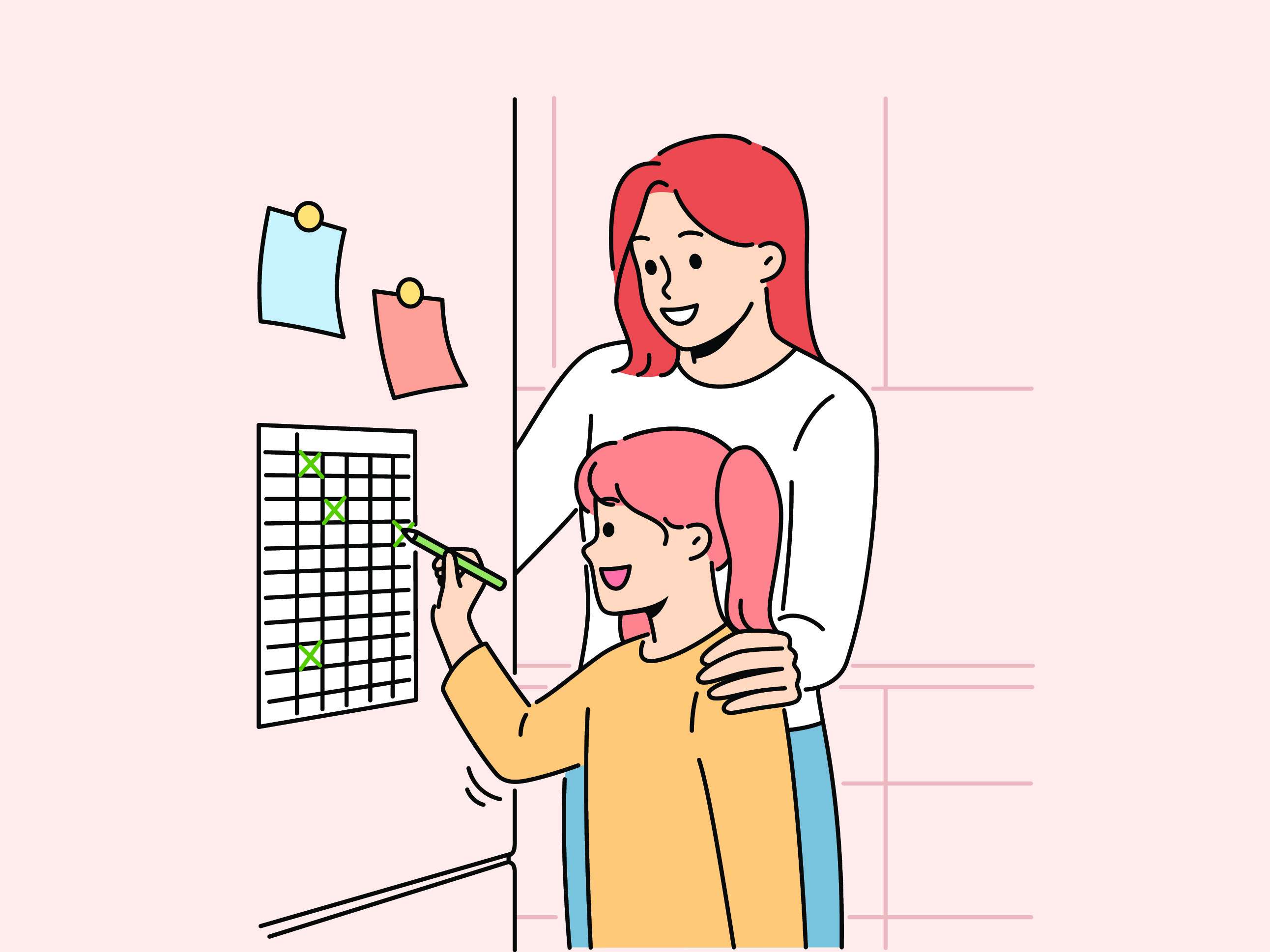 adult and child with child writing on a calender