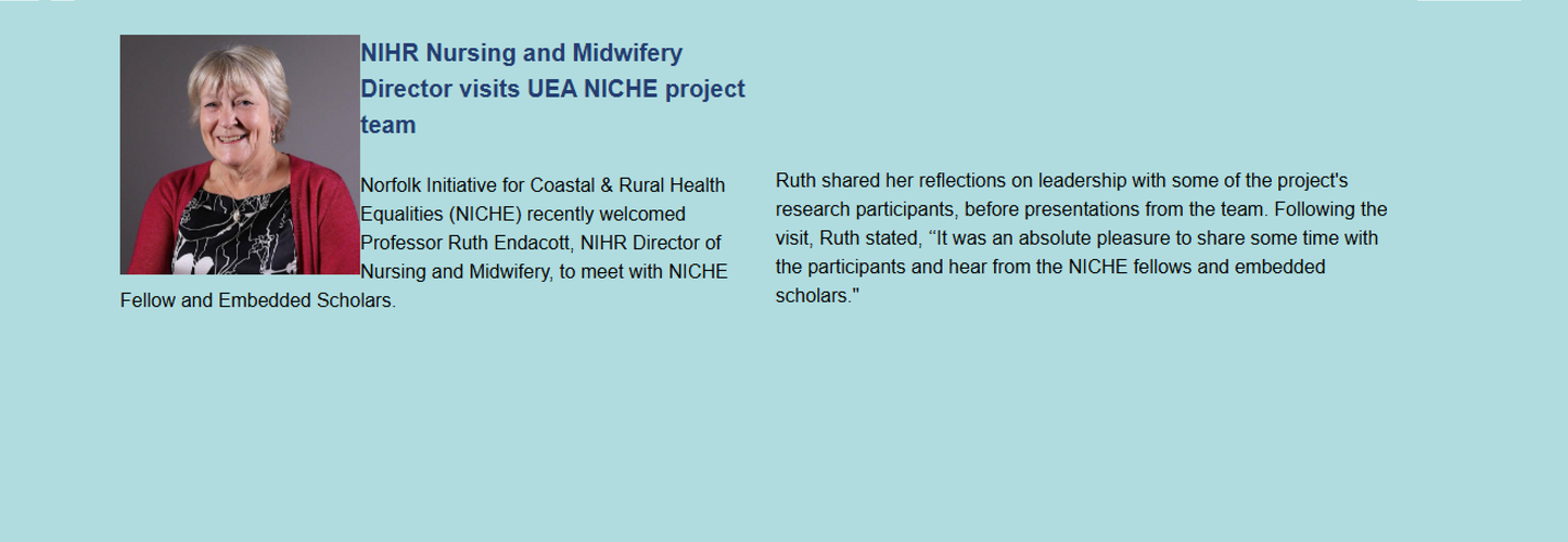 Smiling woman in a red top and gray cardigan stands against a blue background with text about a nursing and midwifery project.