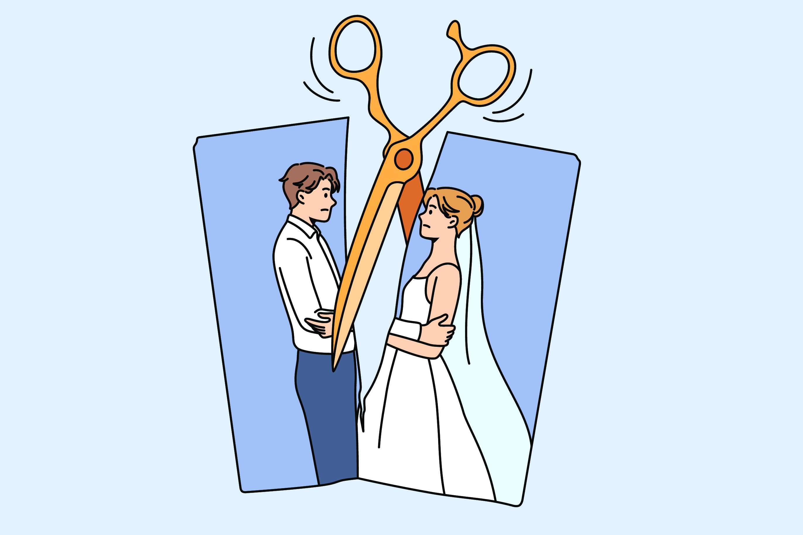 An illustration of a couple standing apart with scissors between them, representing separation or divorce.