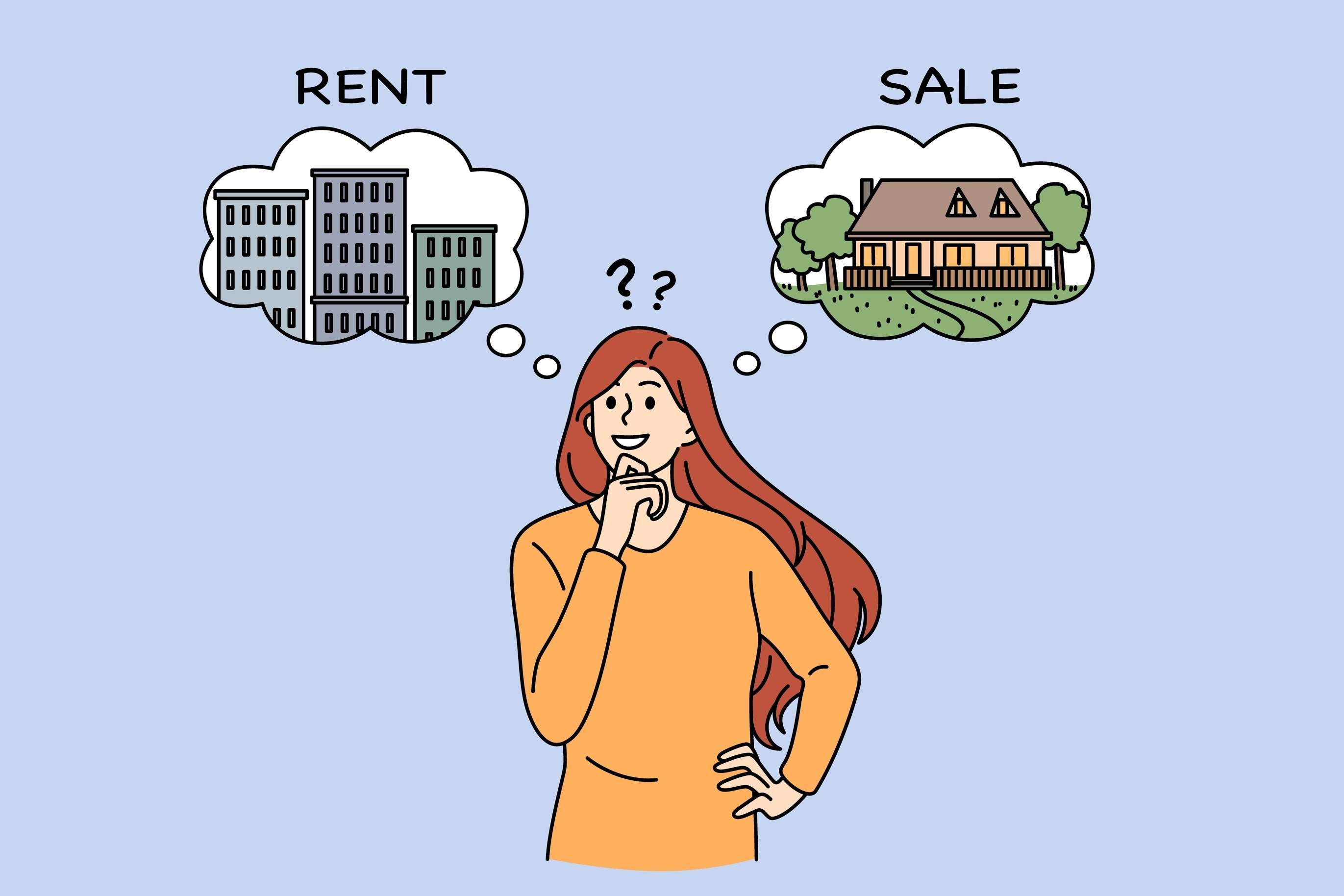 An illustration of a woman thinking about renting an apartment in the city versus buying a house, a topic for housing research in Norwich.