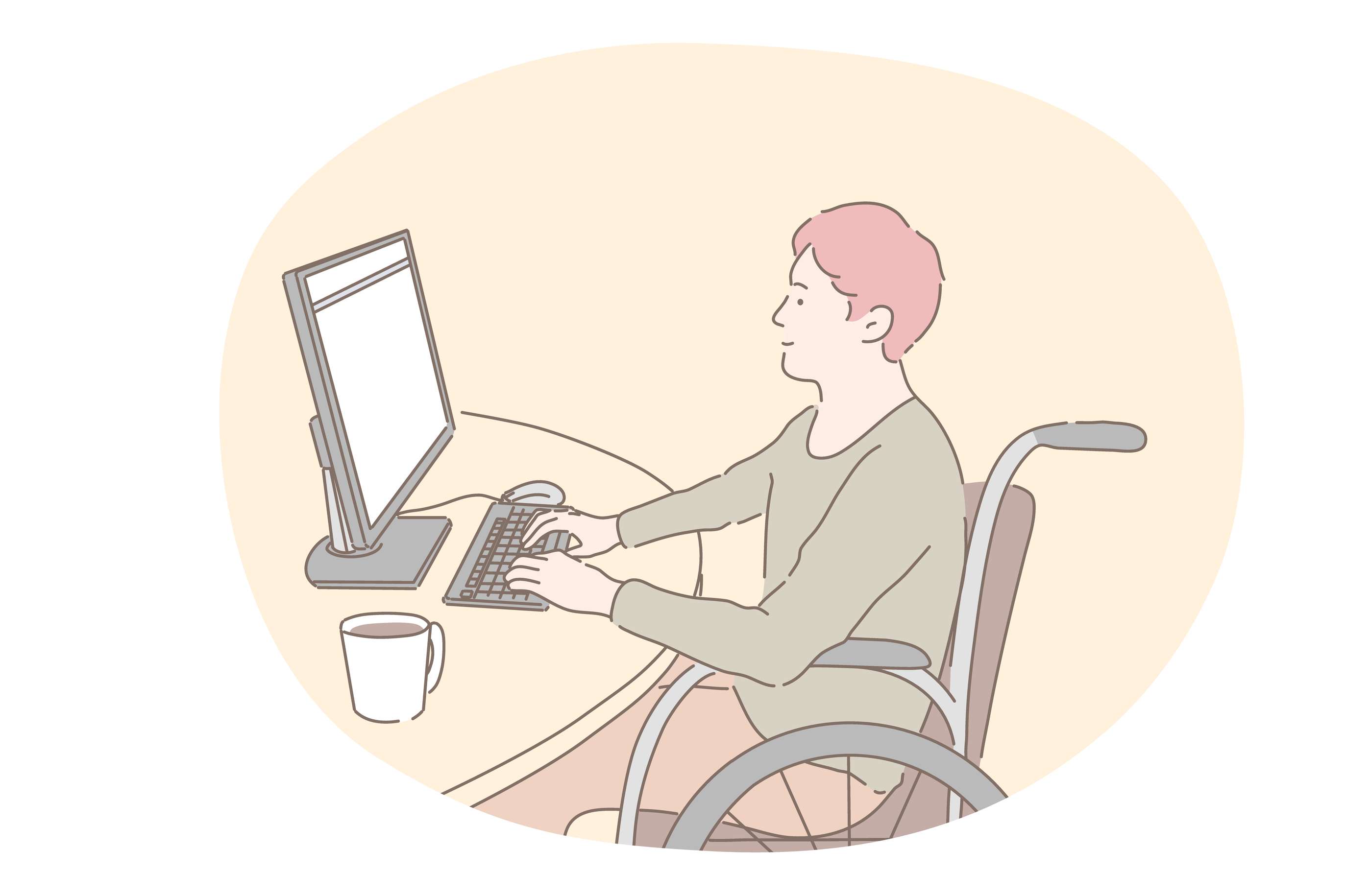Man in wheelchair seated at a computer with a cup of coffee