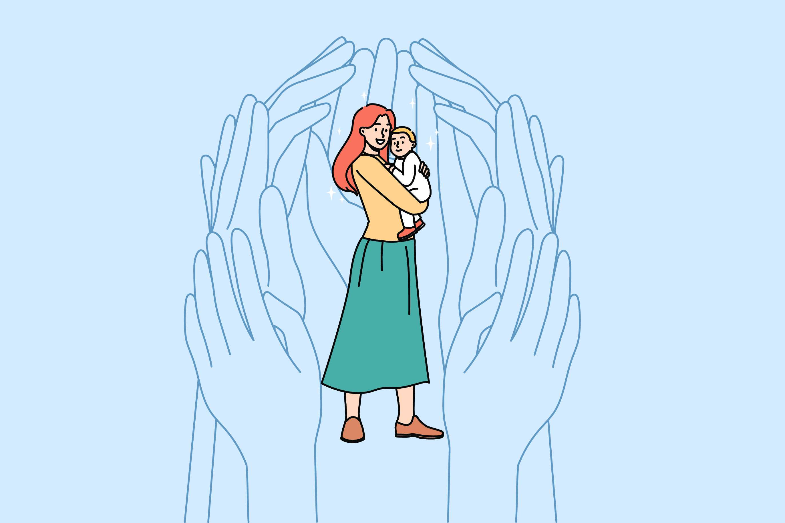 hands surrounding a woman holding a baby