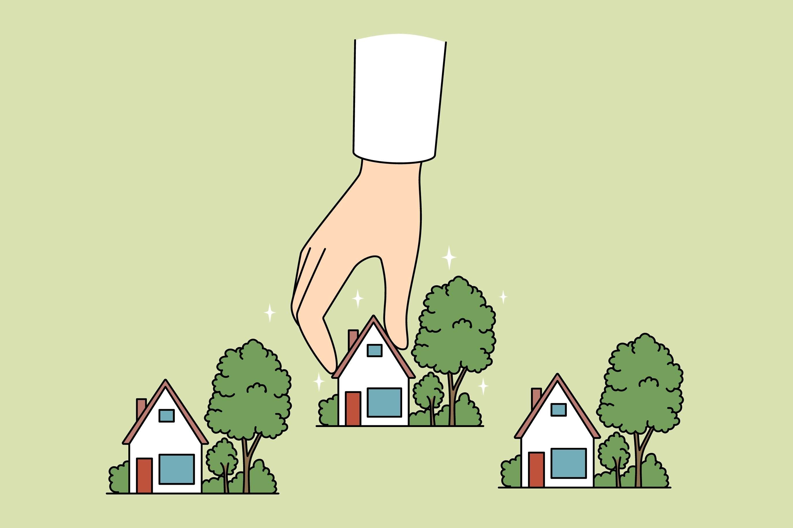 three houses with a giant hand picking one up