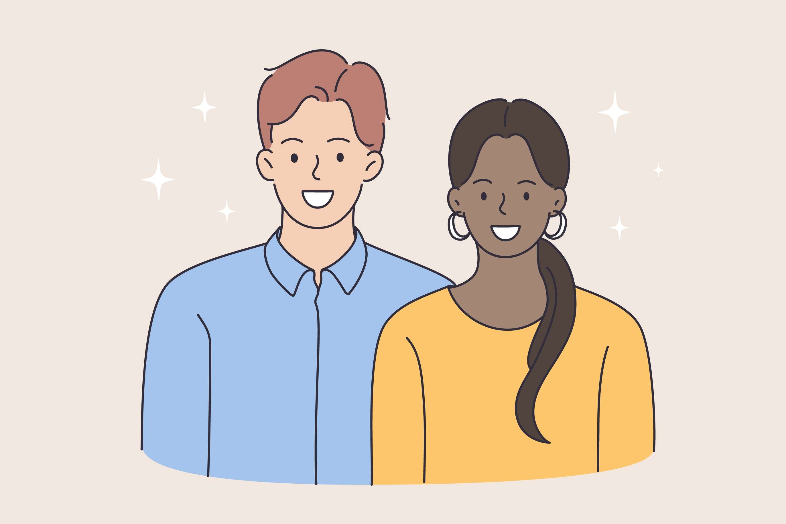 white man in blue shirt and indian woman in yellow shirt