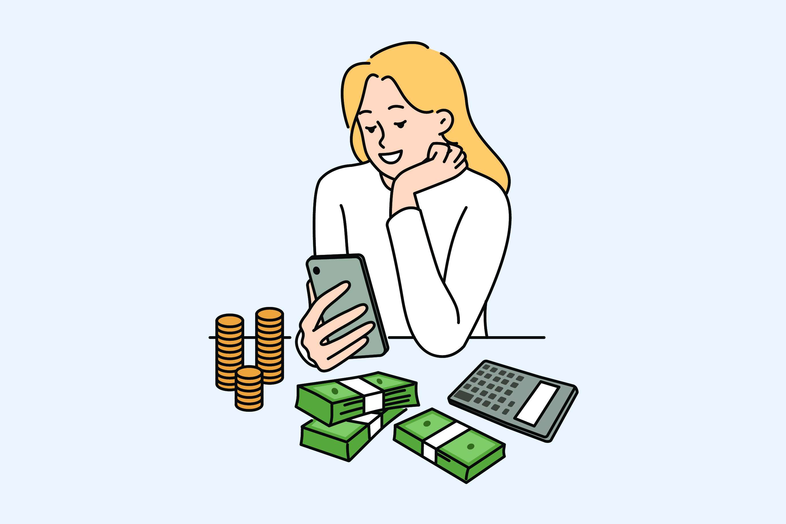 lady holding calculator with money on the table