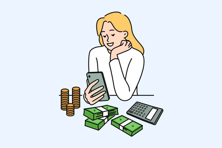 lady holding calculator with money on the table