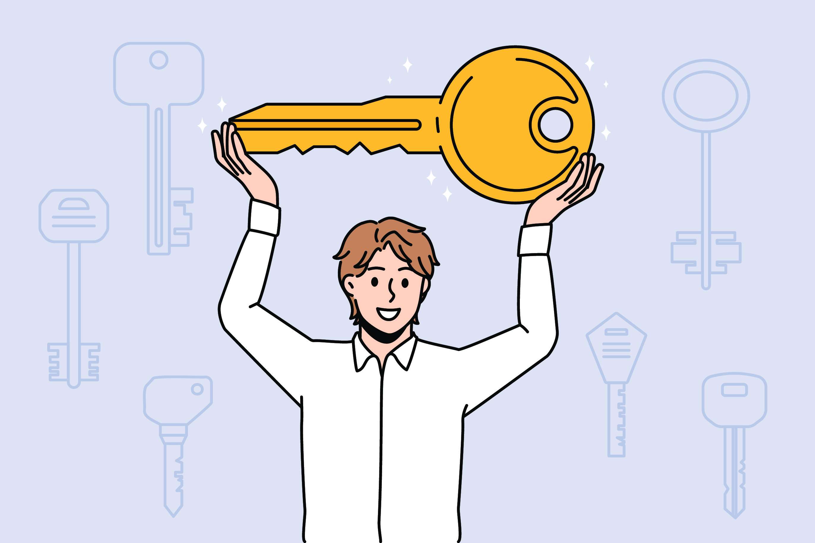 man holding key over his head