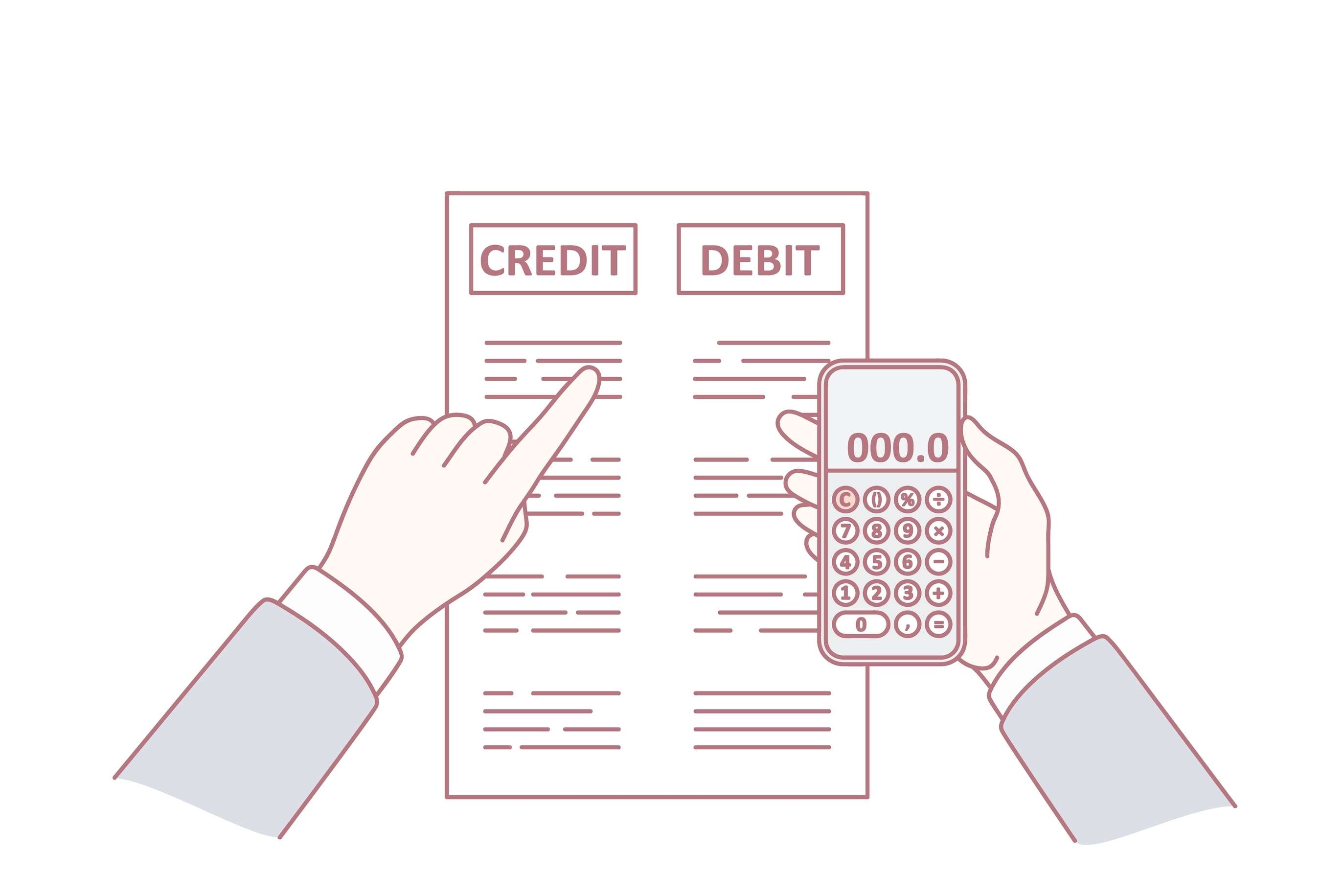 A line drawing illustration of hands reviewing a credit and debit ledger with a calculator, representing finance and accounting courses.