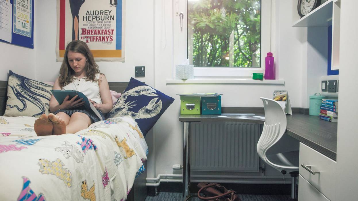 A girl reading her notes on her bed