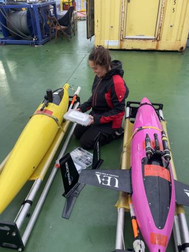 Person kneeling on a ship's deck, checking equipment between yellow and pink torpedo-shaped devices placed on metal racks.