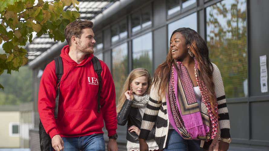 Students outside Norwich Medical School MED on Campus