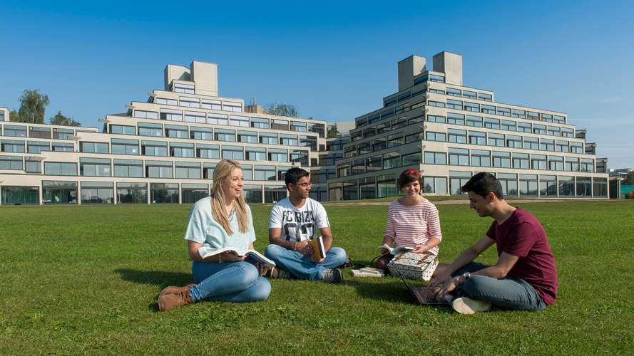 Students sitting outside Norfolk Terrace Ziggurats