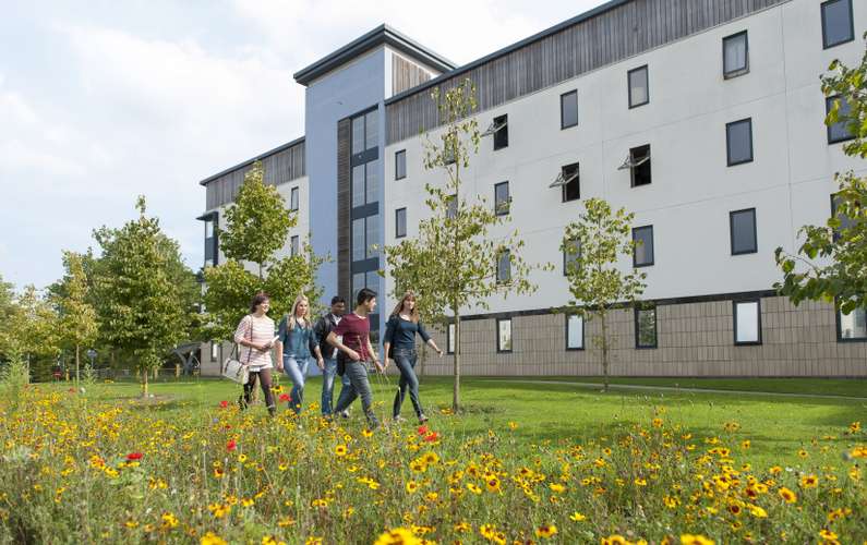 People walking across campus on a spring day