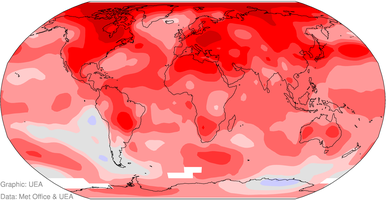 A coloured map of the world showing the pattern of temperature anomalies for 2024 calculated by UEA's Climatic Research Unit and the UK Met Office