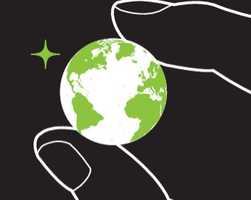 Illustration of fingers holding a small green and white Earth against a black background, with a green star shape nearby.