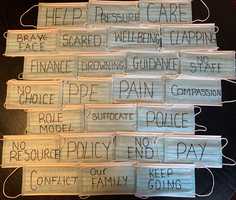 A collage of face masks with writing on them such as 'pain' and 'well-being'.