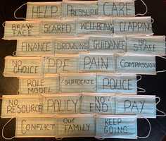 A collage of face masks with writing on them such as 'pain' and 'well-being'.