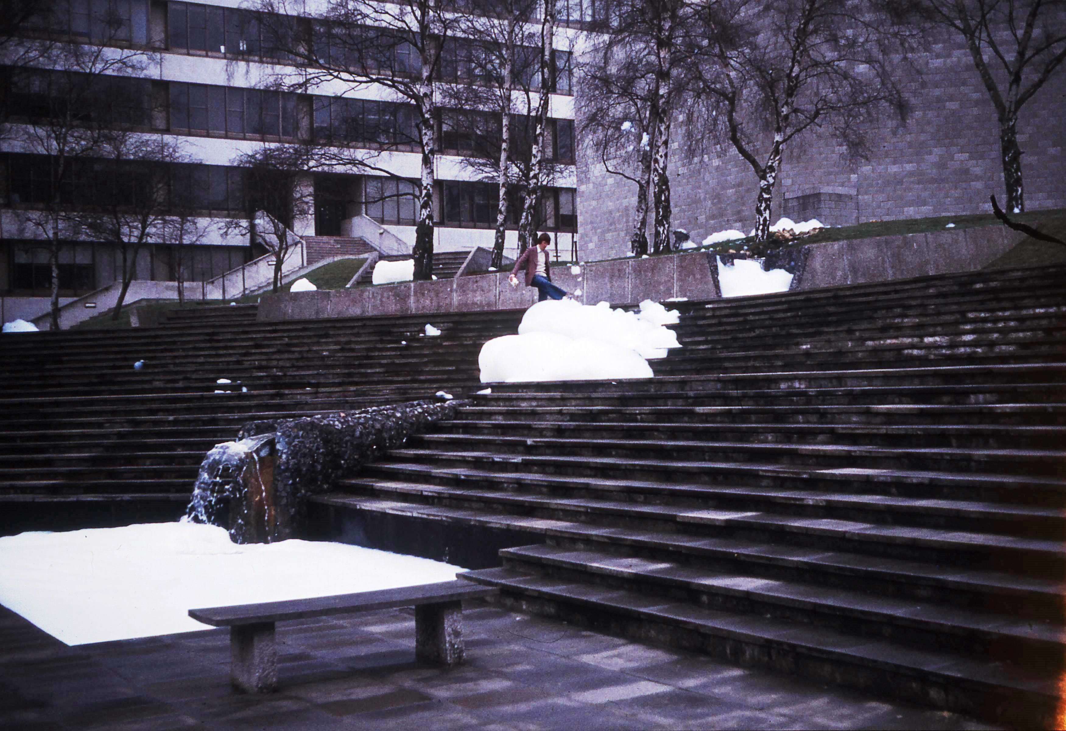 White froth on the steps of the Square at UEA