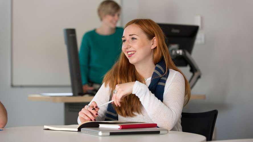 Students attending a seminar/lecture in the Enterprise Centre on campus.