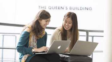 Students outside the Queens Building on Campus. School of Health Sciences