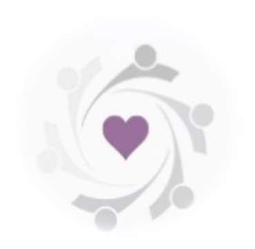 Abstract logo with a central purple heart surrounded by gray swirls and circular shapes, resembling people in motion.