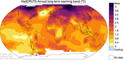 Map of climate warming trends from 1900 to 2025