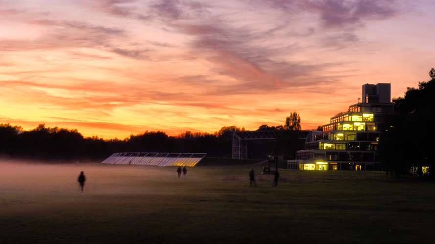 Dusk/Night time shot of the Ziggurats (Norfolk Terrace) and the SCVA