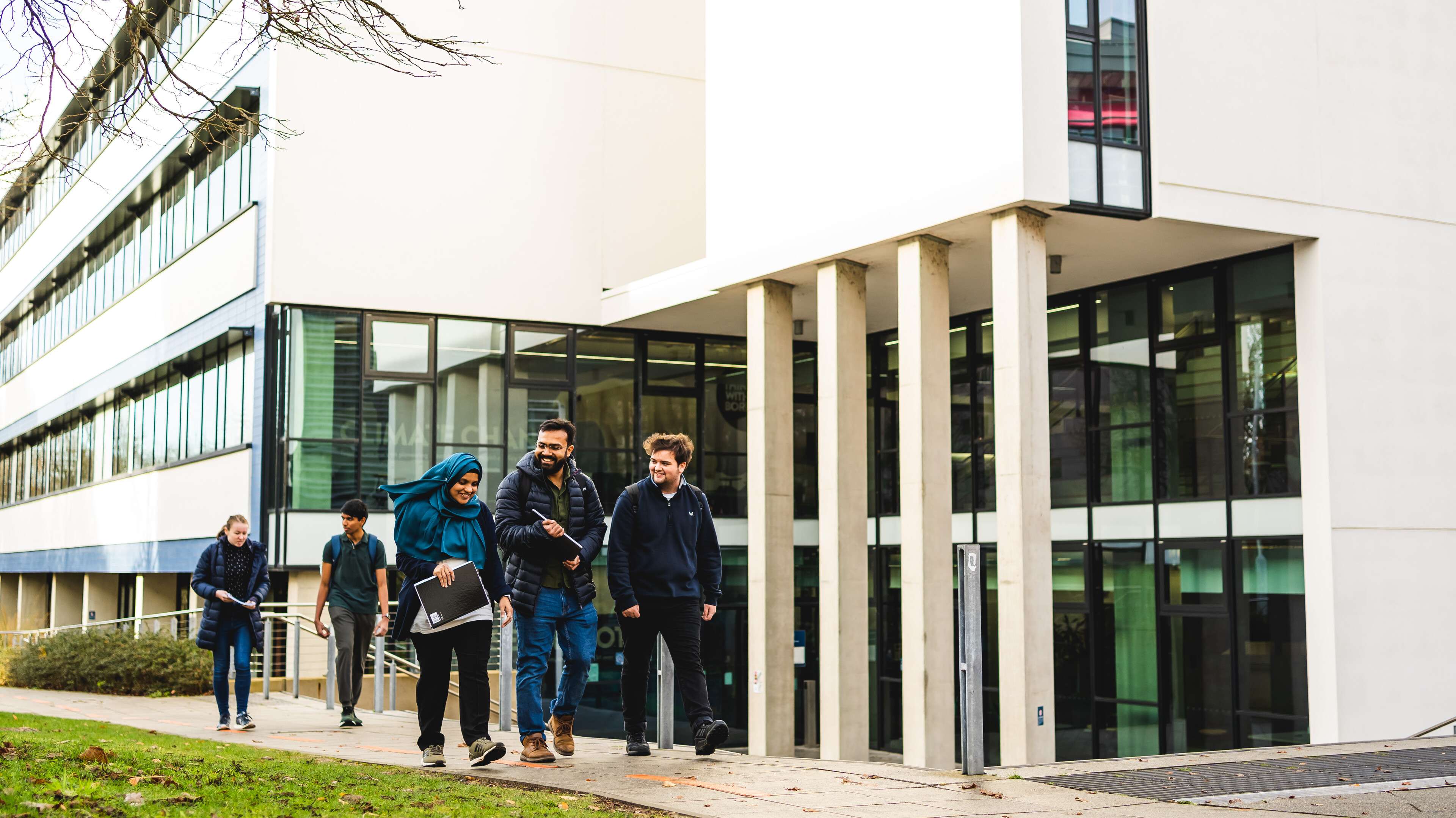 Students walking outside the New Science building