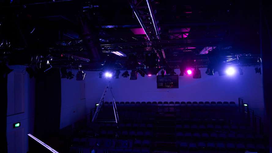 Drama studio lighting and view of the audience on campus.