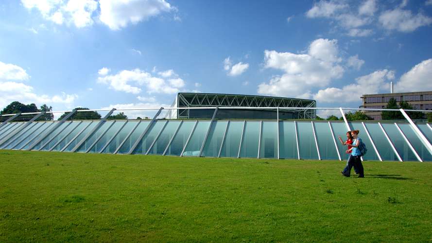 Students walking outside the Sainsbury Centre on Campus
