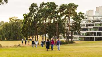 Students walking across campus