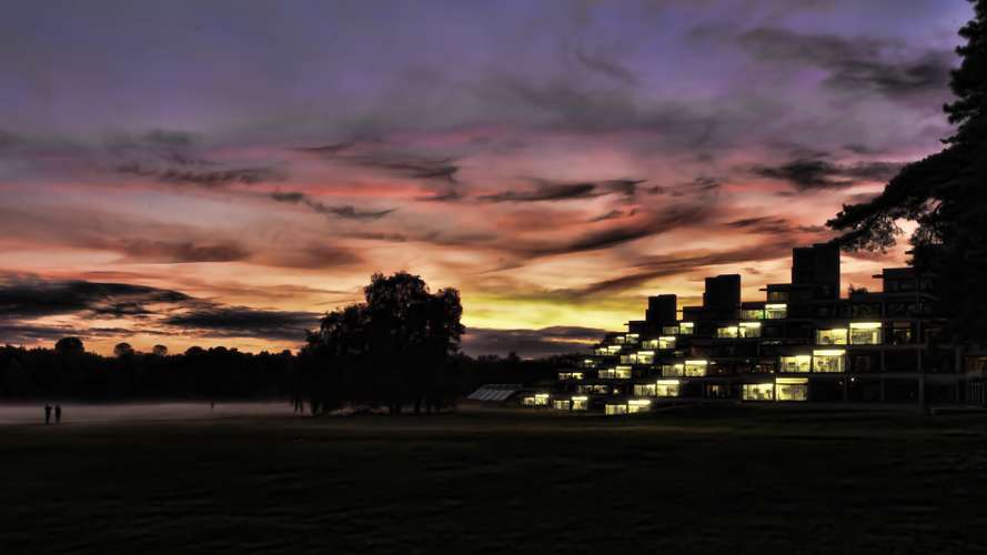 Dusk/Night time shot of the Ziggurats (Norfolk Terrace) and the SCVA