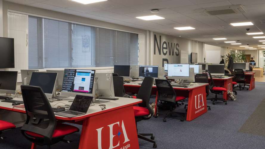 Newsroom and computers for students to work at in Broadcast House