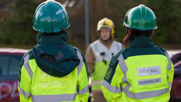Paramedic Science students in an emergency / accident scenario off campus