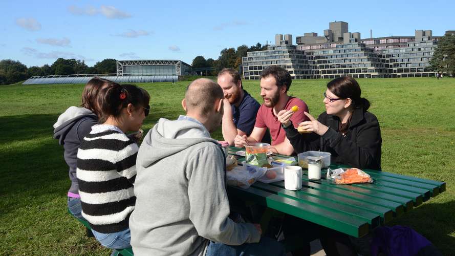 Students eating on campus