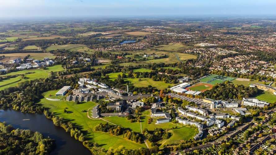 An aerial shot of the UEA campus and its grounds
