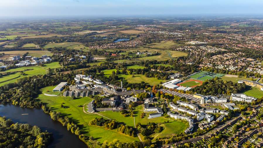 An aerial shot of the UEA campus and its grounds