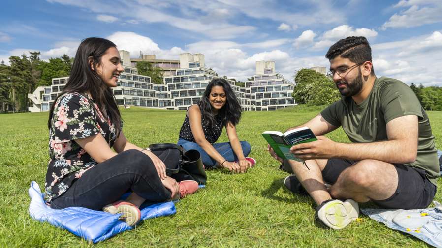 Three students chatting on grass on sunny day