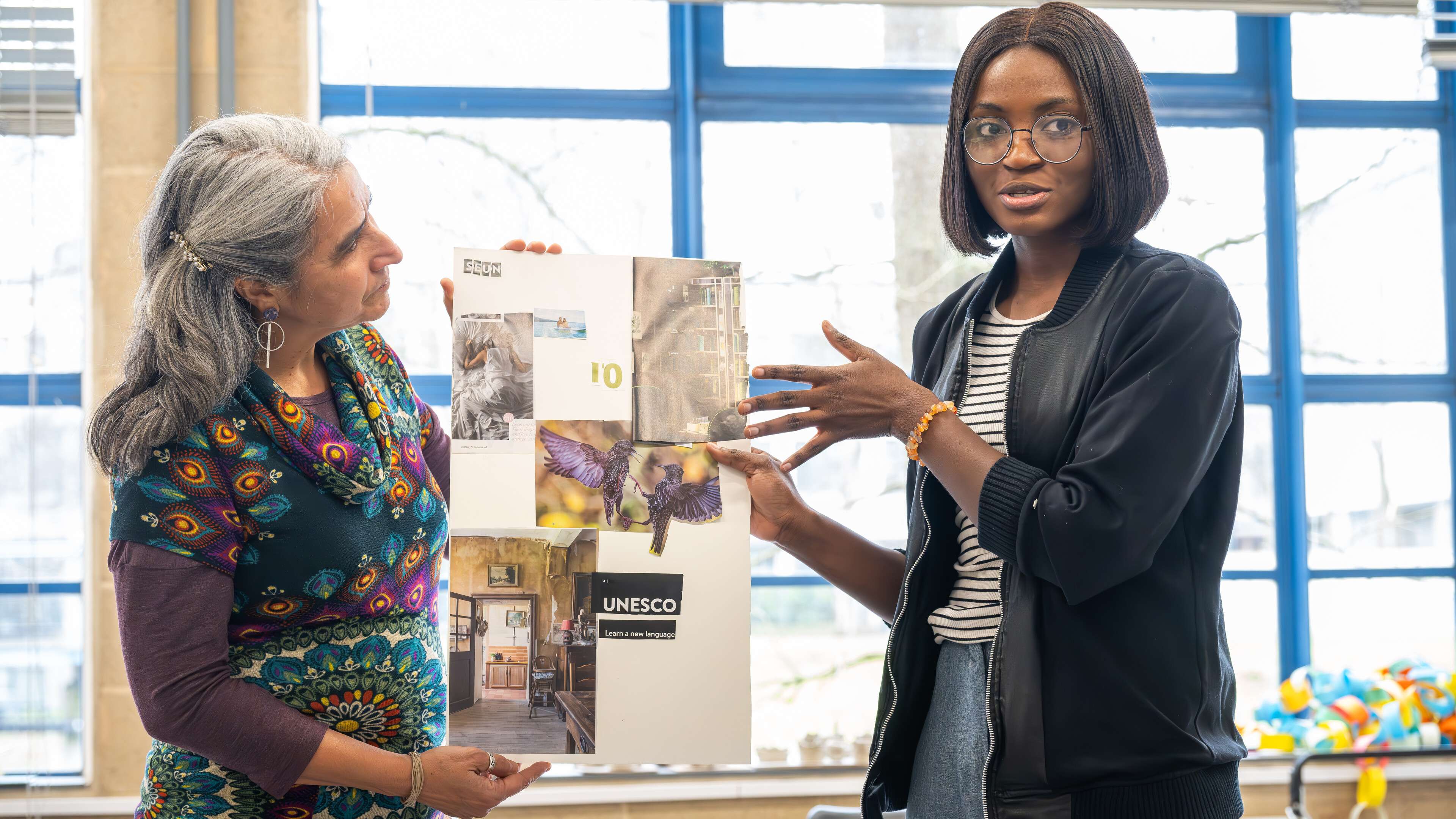 DEV students working together in a Decolonising knowledge session. The session includes body mapping and collage.