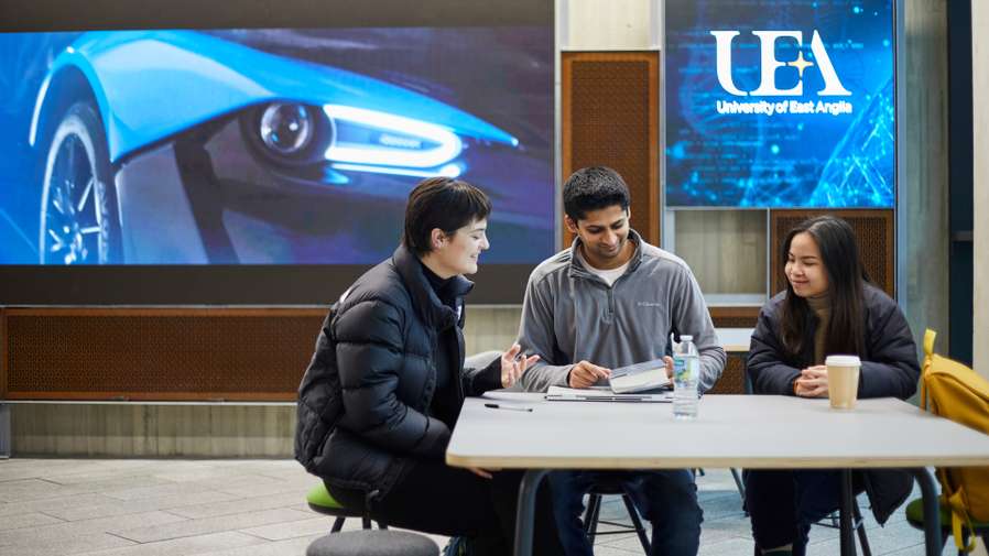 Students studying together in the New Science Building