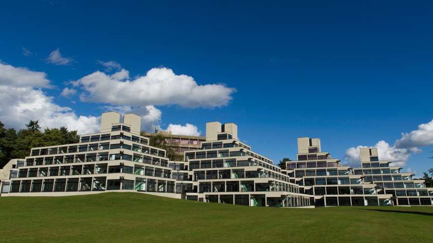 Exterior of Norfolk and Suffolk Terrace Ziggurats on Campus