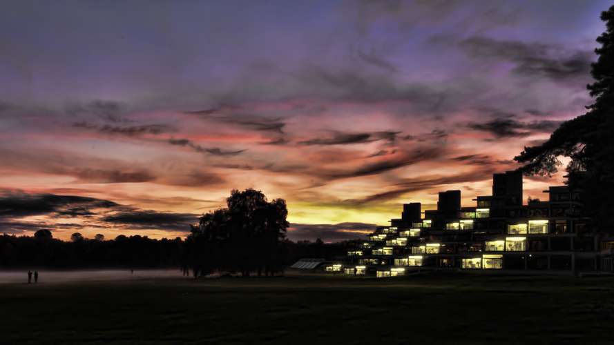 Dusk/Night time shot of the Ziggurats (Norfolk Terrace) and the SCVA - Oct 16