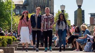 Four students walking through Norwich