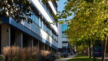 Looking up Chancellors Drive with The New Science Building on the left.