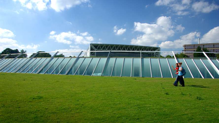 Students walking outside the Sainsbury Centre on Campus