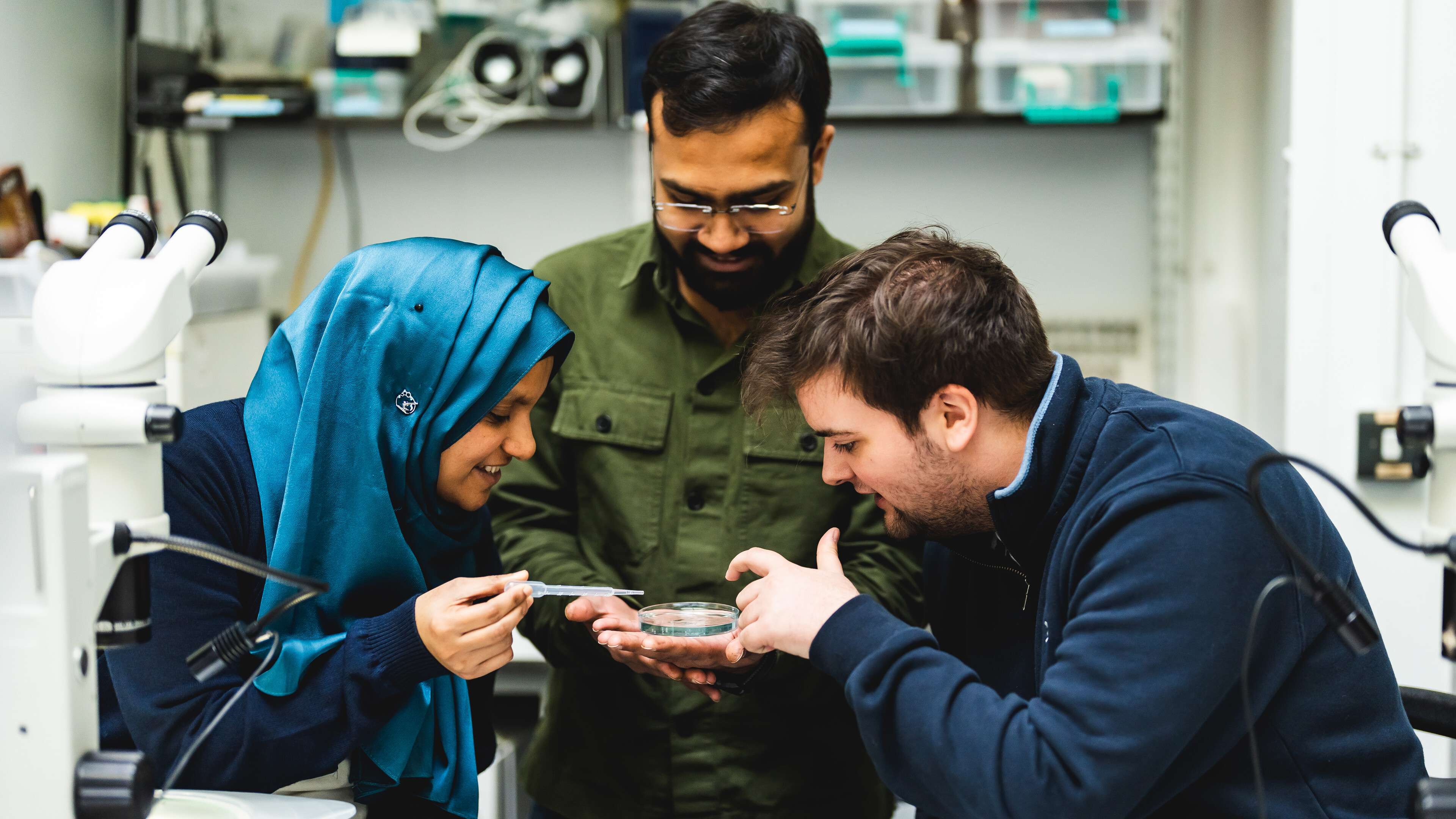 Biological science students working together in a laboratory