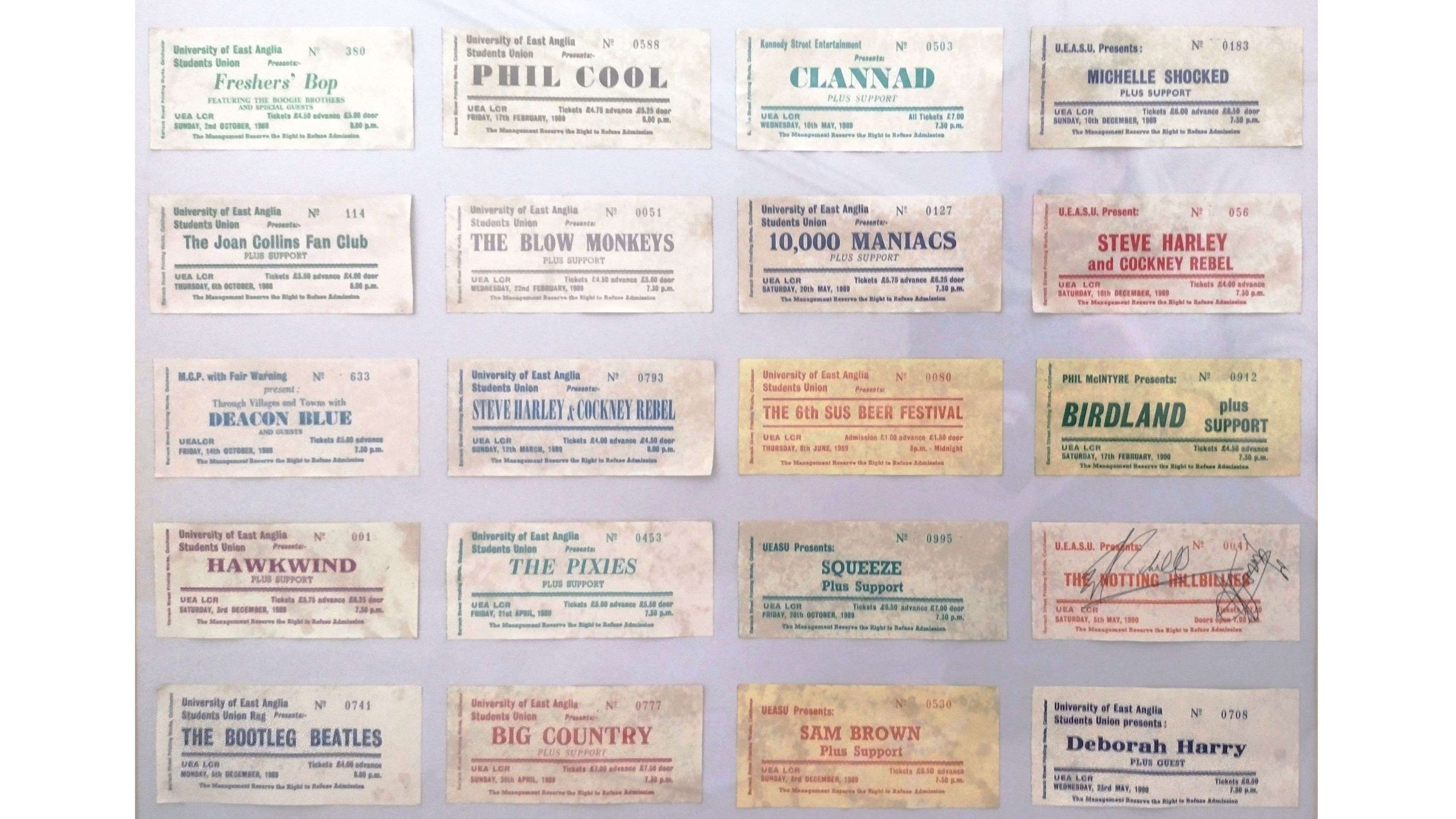 Gig tickets from 1988–1991 at the LCR. Artists include The Pixies, Big Country, Hawkwind, Squeeze, Debbie Harry and Michelle Shocked